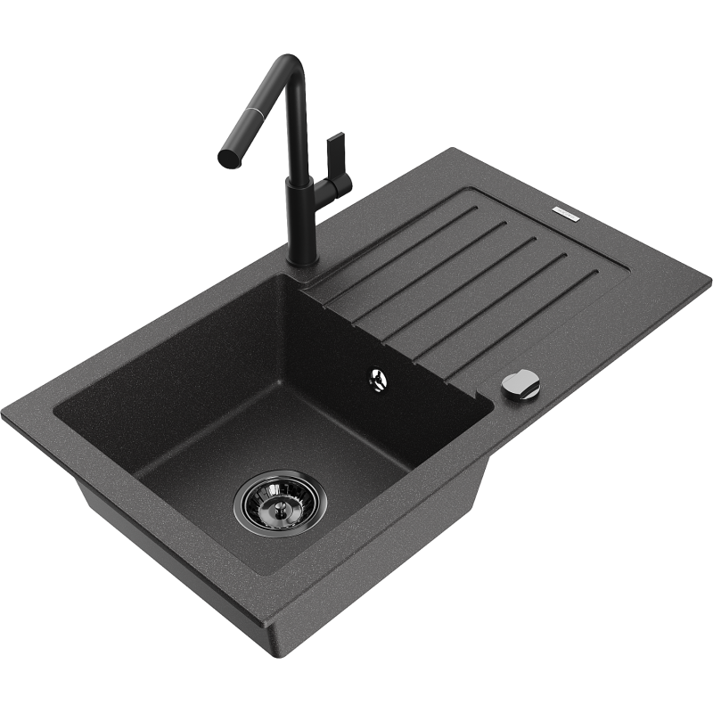 Mexen Pablo chiuvetă de granit cu o cuvă și picurător și baterie de bucătărie Flora, negru cu pete - 6510-76-670401-70-B