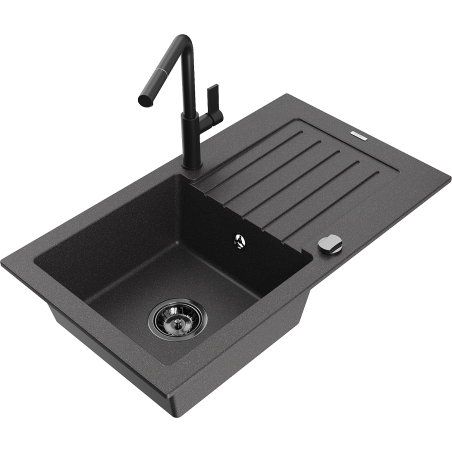 Mexen Pablo chiuvetă de granit cu o cuvă și picurător și baterie de bucătărie Flora, negru cu pete - 6510-76-670401-70-B