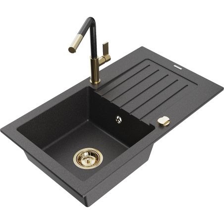 Mexen Pablo gránit mosogató 1 medencés csepptálcával és Flora konyhai csapteleppel, fekete pöttyös - 6510-76-670401-75-G