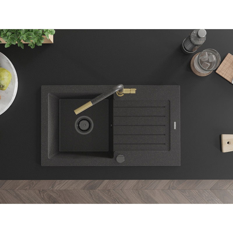 Mexen Pablo chiuvetă de granit cu 1 cameră cu picurător și baterie de bucătărie Flora, negru pătat - 6510-76-670401-75-B
