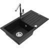Mexen Pablo chiuvetă din granit cu 1 compartiment cu scurgător și baterie de bucătărie Flora, neagră - 6510-77-670401-00