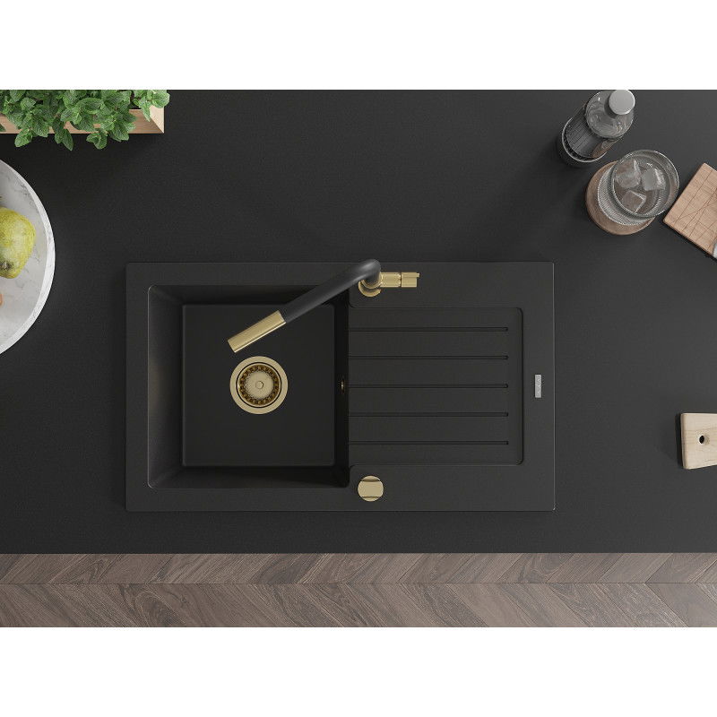 Mexen Pablo chiuvetă de bucătărie din granit cu 1 compartiment și scurgător și baterie Flora, negru - 6510-77-670401-57-G