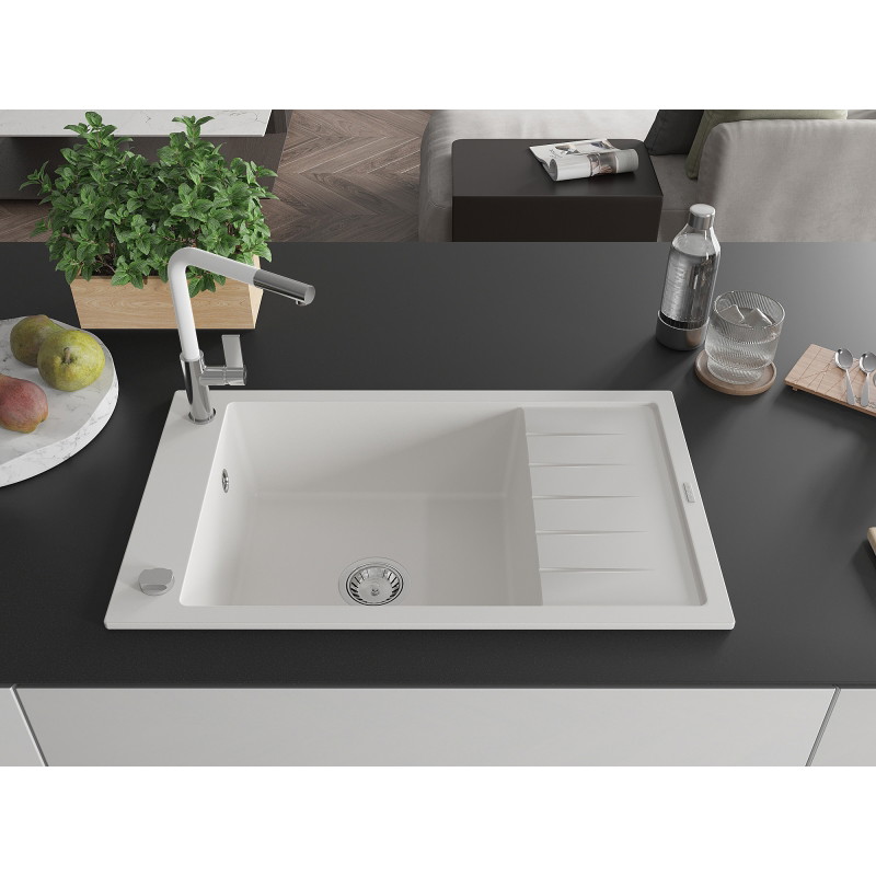 Mexen Elias chiuvetă de bucătărie din granit, cu o cuvă și scurgător, cu baterie Flora, albă - 6511-20-670401-02