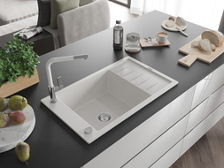 Mexen Elias egymedencés, csepegtetős gránit mosogató Flora konyhai csapteleppel, fehér - 6511-20-670401-02