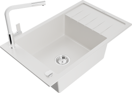 Mexen Elias egymedencés, csepegtetős gránit mosogató Flora konyhai csapteleppel, fehér - 6511-20-670401-02