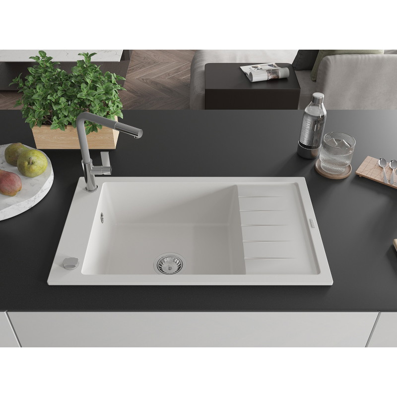 Mexen Elias chiuvetă de granit cu 1 cuvă cu uscător și robinet de bucătărie Flora, alb - 6511-20-670401-06