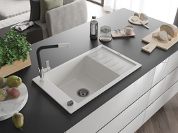 Mexen Elias 1-medencés gránit mosogató csepegtetővel és Flora konyhai csapteleppel, fehér - 6511-20-670401-07-B