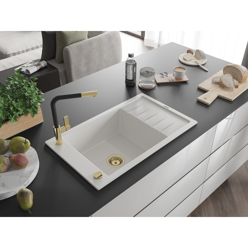 Mexen Elias chiuvetă de granit cu 1 compartiment, cu scurgător și baterie de bucătărie Flora, albă - 6511-20-670401-57-G