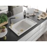 Mexen Elias chiuvetă de granit cu un compartiment, cu picurător și baterie de bucătărie Flora, Albă - 6511-20-670401-57-G