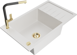 Mexen Elias chiuvetă de granit cu 1 compartiment cu picurător și baterie de bucătărie Flora, alb - 6511-20-670401-57-G