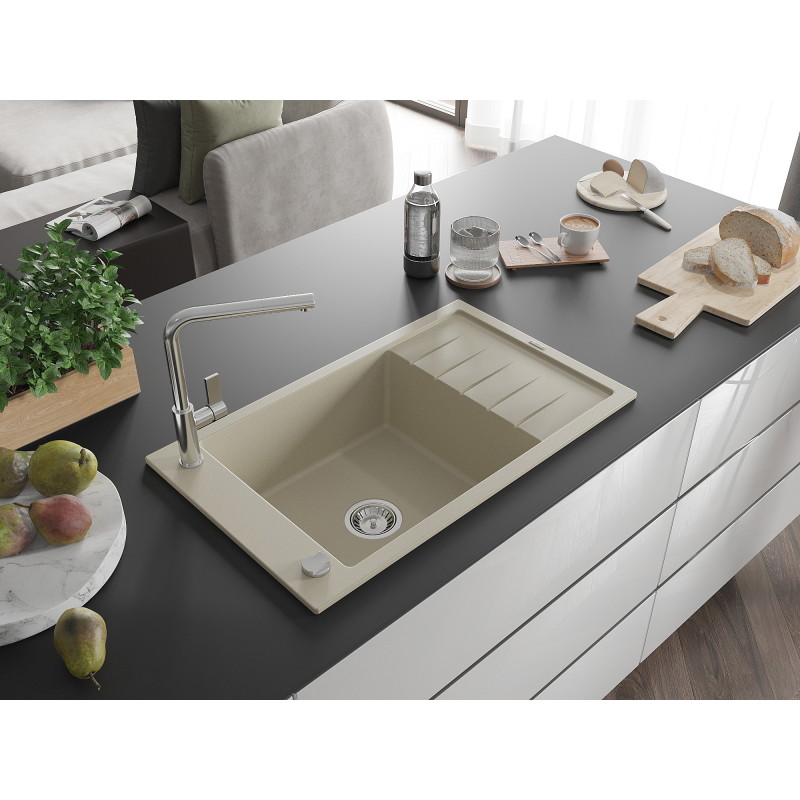 Mexen Elias chiuvetă de bucătărie din granit cu 1 cuvă cu scurgător și baterie Flora, bej - 6511-69-670401-00