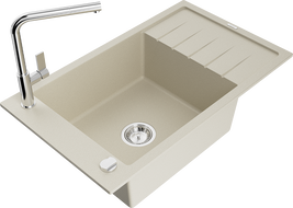 Mexen Elias gránit egytálcás mosogató csepegtetővel és Flora konyhai csapteleppel, bézs - 6511-69-670401-00