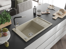 Mexen Elias egymedencés gránit mosogató csepegtetővel és Flora konyhai csapteleppel, bézs - 6511-69-670401-07