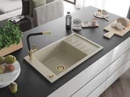 Mexen Elias gránit mosogató 1 medencés csepegtetővel és Flora konyhai csapteleppel, bézs - 6511-69-670401-57-G