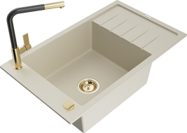 Mexen Elias gránit mosogató 1 medencés csepegtetővel és Flora konyhai csapteleppel, bézs - 6511-69-670401-57-G