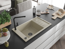 Mexen Elias chiuvetă de granit cu 1 cuvă, cu scurgător și baterie de bucătărie Flora, bej - 6511-69-670401-70-B