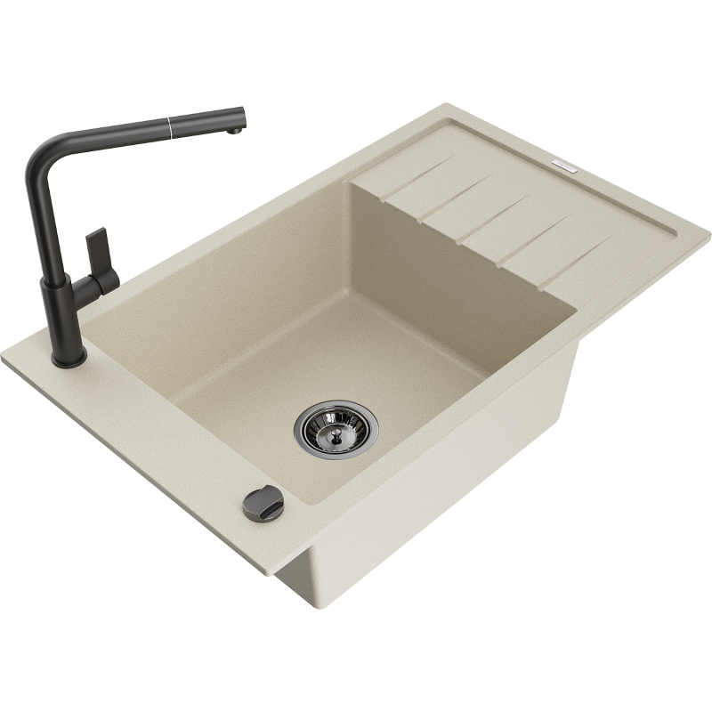 Mexen Elias chiuvetă de granit cu 1 cuvă, cu scurgător și baterie de bucătărie Flora, bej - 6511-69-670401-70-B