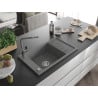 Mexen Elias chiuvetă de granit cu un compartiment, cu picurător și baterie de bucătărie Flora, Gri - 6511-71-670401-06