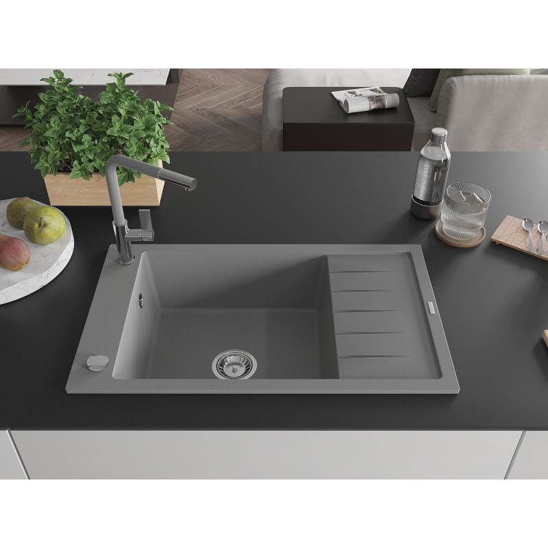 Mexen Elias chiuvetă de granit cu 1 compartiment cu scurgător și baterie de bucătărie Flora, gri - 6511-71-670401-06