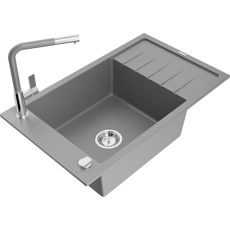 Mexen Elias 1 rekeszes gránit mosogató csepegtetővel és Flora konyhai csapteleppel, szürke - 6511-71-670401-06