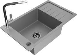 Mexen Elias chiuveta de bucătărie din granit cu 1 compartiment și scurgător și baterie Flora, gri - 6511-71-670401-07-B