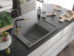 Mexen Elias gránit mosogató 1-medencés csepegtetővel és Flora konyhai csapteleppel, szürke - 6511-71-670401-57-B