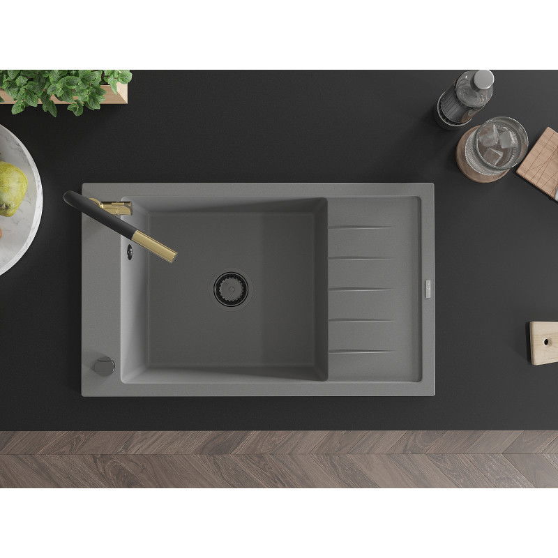Mexen Elias gránit mosogató 1-medencés csepegtetővel és Flora konyhai csapteleppel, szürke - 6511-71-670401-57-B