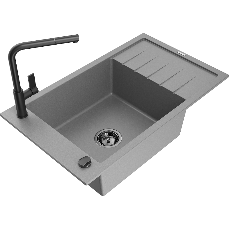 Mexen Elias chiuvetă de granit 1-cu o cuvă cu picurător și baterie de bucătărie Flora, gri - 6511-71-670401-70-B