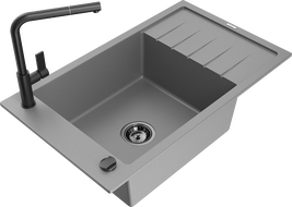 Mexen Elias gránit mosogató 1-medencés csepegtetővel és Flora konyhai csappal, szürke - 6511-71-670401-70-B