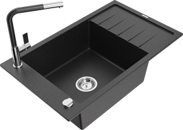 Mexen Elias chiuvetă de granit cu 1 cuvă cu scurgător și baterie de bucătărie Flora, negru/argintiu metalic