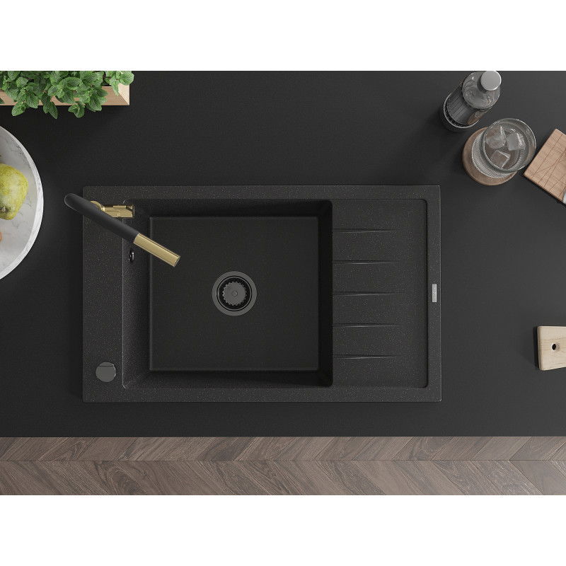 Mexen Elias 1-medencés gránit mosogató csepegtetővel és Flora konyhai csapteleppel, fekete/ezüst metál - 6511-73-670401-57-B
