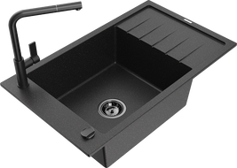 Mexen Elias 1-medencés gránit mosogató lefolyóval és Flora konyhai csappal, fekete/ezüst metálszín - 6511-73-670401-70-B