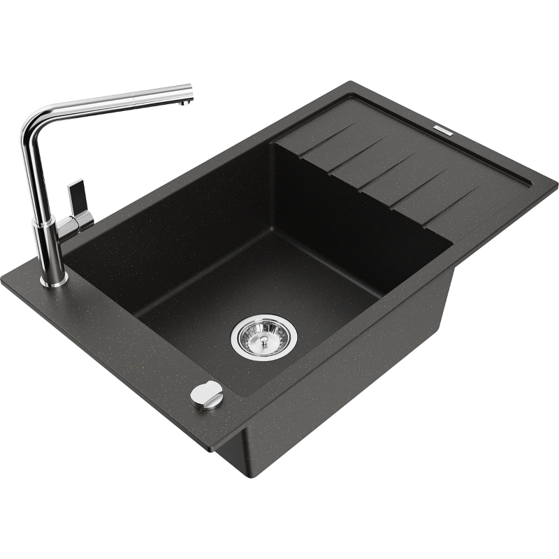 Mexen Elias chiuvetă de granit cu 1 compartiment, cu scurgător și baterie de bucătărie Flora, negru/auriu metalic