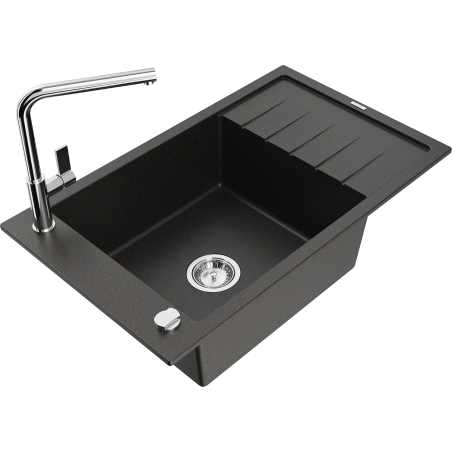Mexen Elias chiuvetă de granit cu 1 compartiment, cu scurgător și baterie de bucătărie Flora, negru/auriu metalic