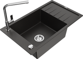 Mexen Elias gránit mosogató 1-medencés csepptálcával és Flora konyhai csaptelep, fekete/arany metál - 6511-75-670401-00