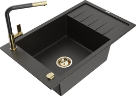Mexen Elias 1 rekeszes gránit mosogató csepegtetővel és Flora konyhai csappal, fekete/arany metál - 6511-75-670401-57-G