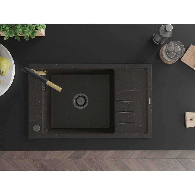 Mexen Elias egykamrás gránit mosogató csepegtetővel és Flora konyhai csapteleppel, fekete/arany metál - 6511-75-670401-57-B