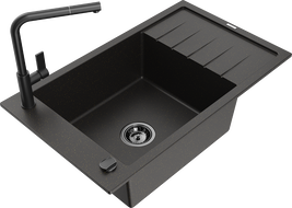 Mexen Elias chiuvetă granit 1-cameră cu scurgător și baterie de bucătărie Flora, negru/auriu metalic - 6511-75-670401-70-B