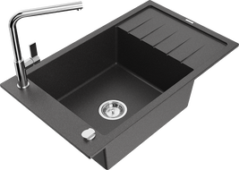 Mexen Elias chiuvetă de granit cu 1 cuvă și scurgător și baterie de bucătărie Flora, negru pistruiat - 6511-76-670401-00