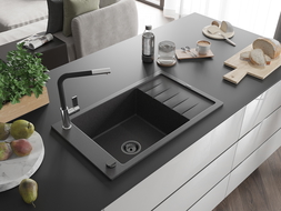 Chiuvetă granit Mexen Elias cu o cuvă și scurgător și baterie de bucătărie Flora, negru pătat - 6511-76-670401-07-B