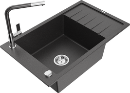 Mexen Elias egykamrás gránit mosogató csepptálcával és Flora konyhai csapteleppel, fekete pöttyös - 6511-76-670401-08
