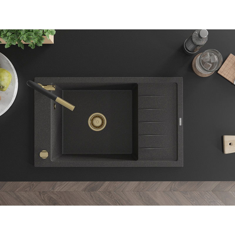 Mexen Elias egymedencés gránit mosogató csepegtetővel és Flora konyhai csapteleppel, fekete pöttyös - 6511-76-670401-57-G