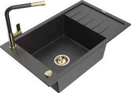 Mexen Elias chiuvetă de granit cu o singură cuvă, cu scurgător și robinet de bucătărie Flora, negru stropit