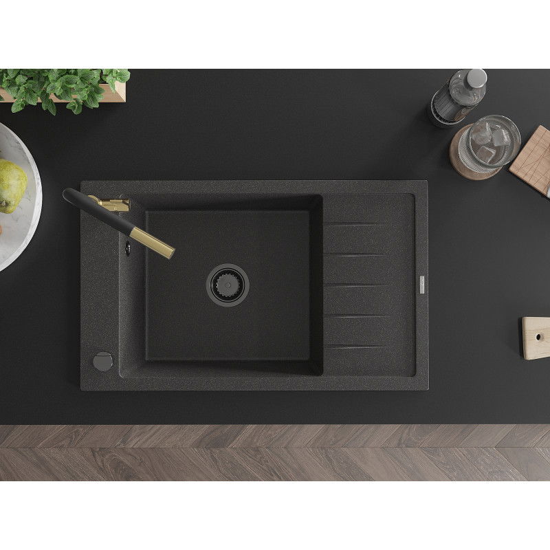 Mexen Elias gránit mosogató 1-medencés csepegtetővel és Flora konyhai csapteleppel, fekete pöttyös - 6511-76-670401-57-B