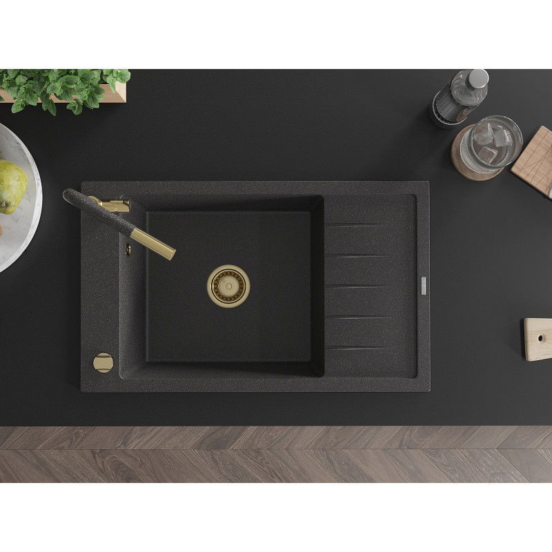 Mexen Elias 1-medencés gránit mosogató csepegtetővel és Flora konyhai csapteleppel, fekete pöttyös - 6511-76-670401-75-G