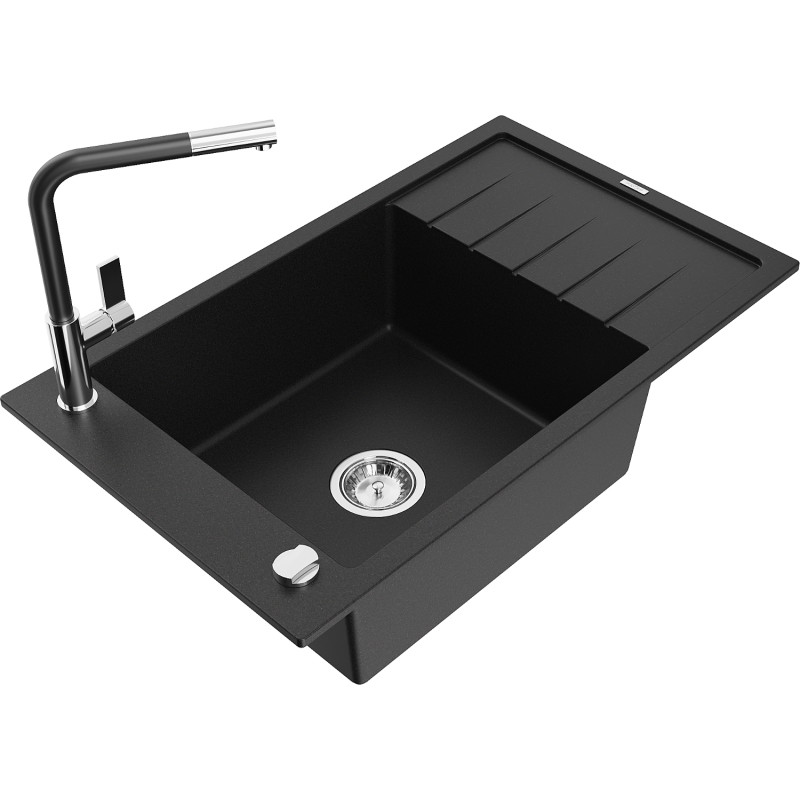 Mexen Elias chiuvetă de bucătărie din granit cu 1 cuvă cu scurgător și baterie Flora, negru - 6511-77-670401-07