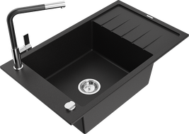 Mexen Elias chiuvetă de granit cu 1 compartiment, cu scurgător și baterie de bucătărie Flora, negru - 6511-77-670401-07