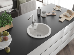 Mexen Diego chiuvetă de bucătărie din granit cu 1 compartiment și baterie Flora, alb - 6512-20-670401-02