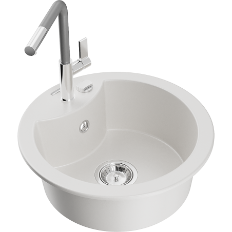 Mexen Diego chiuvetă de bucătărie din granit cu 1 cuvă, cu baterie Flora, alb - 6512-20-670401-06