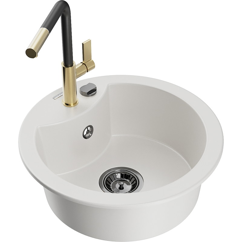 Mexen Diego chiuvetă de granit cu 1 cuvă cu baterie de bucătărie Flora, alb - 6512-20-670401-57-B